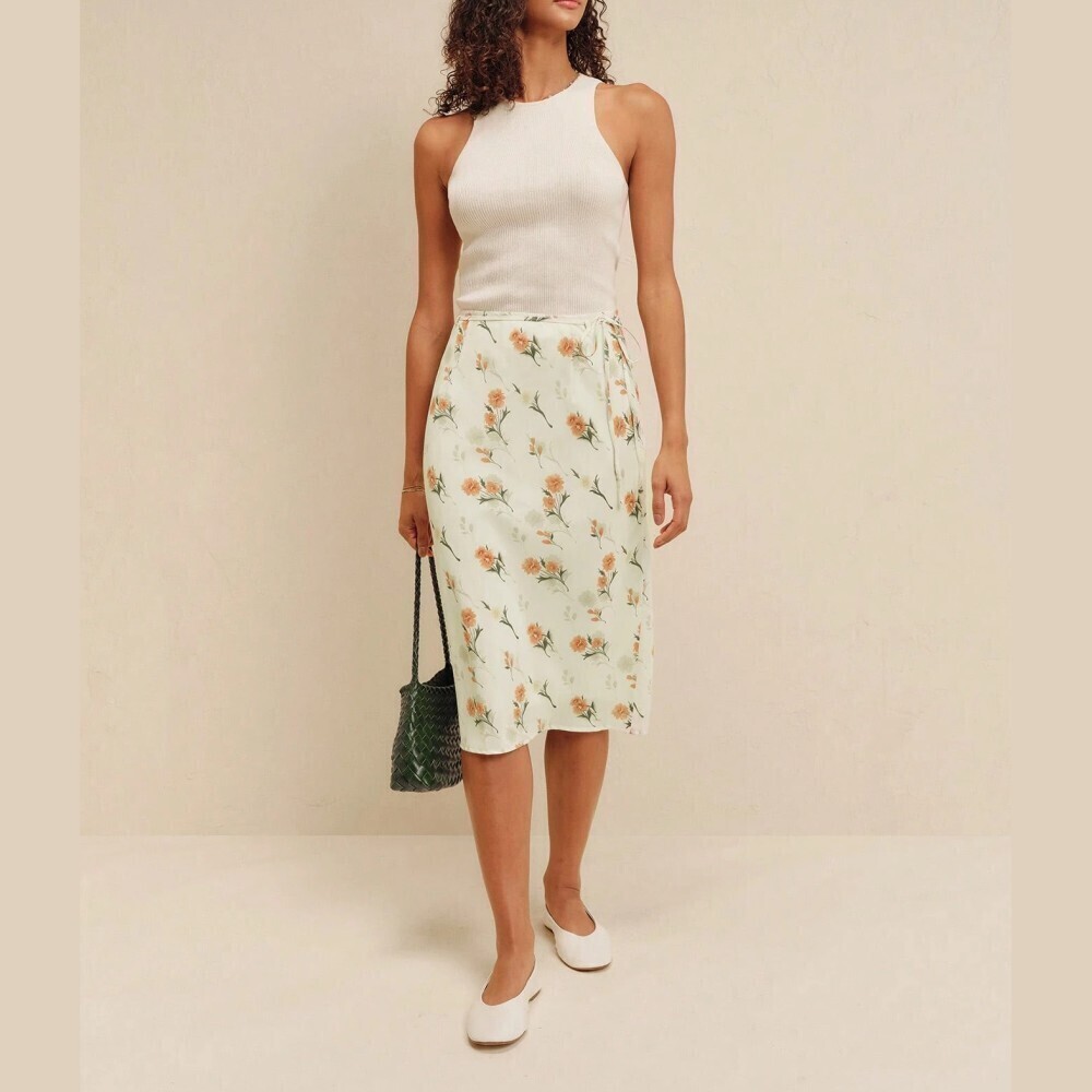 Cream / Orange Cute Floral Print Drawstring Tie Waist Midi Skirt